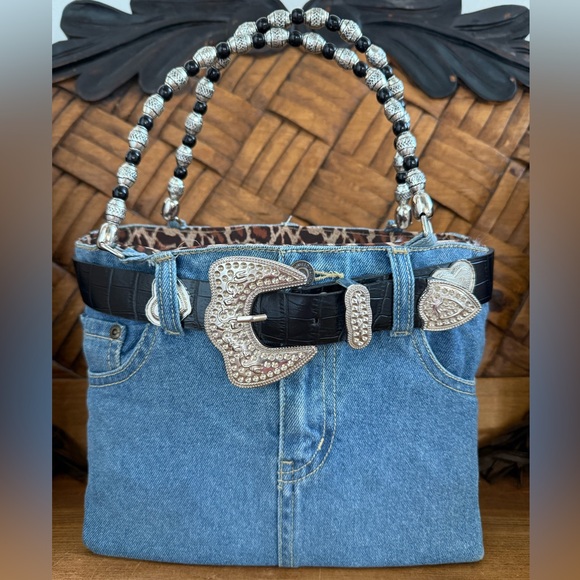 Urban Outfitters Handbags - Urban Outfitters Vintage Blue Denim Tote Bag with Black Beaded Handle SOLD OUT